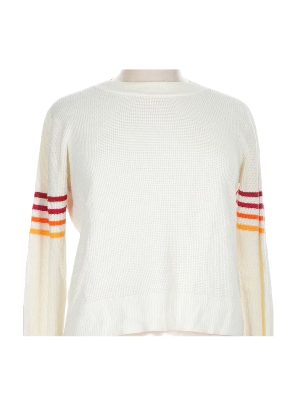 Faherty Cream Crewneck Sweater with Red and Orange Sleeve Stripes